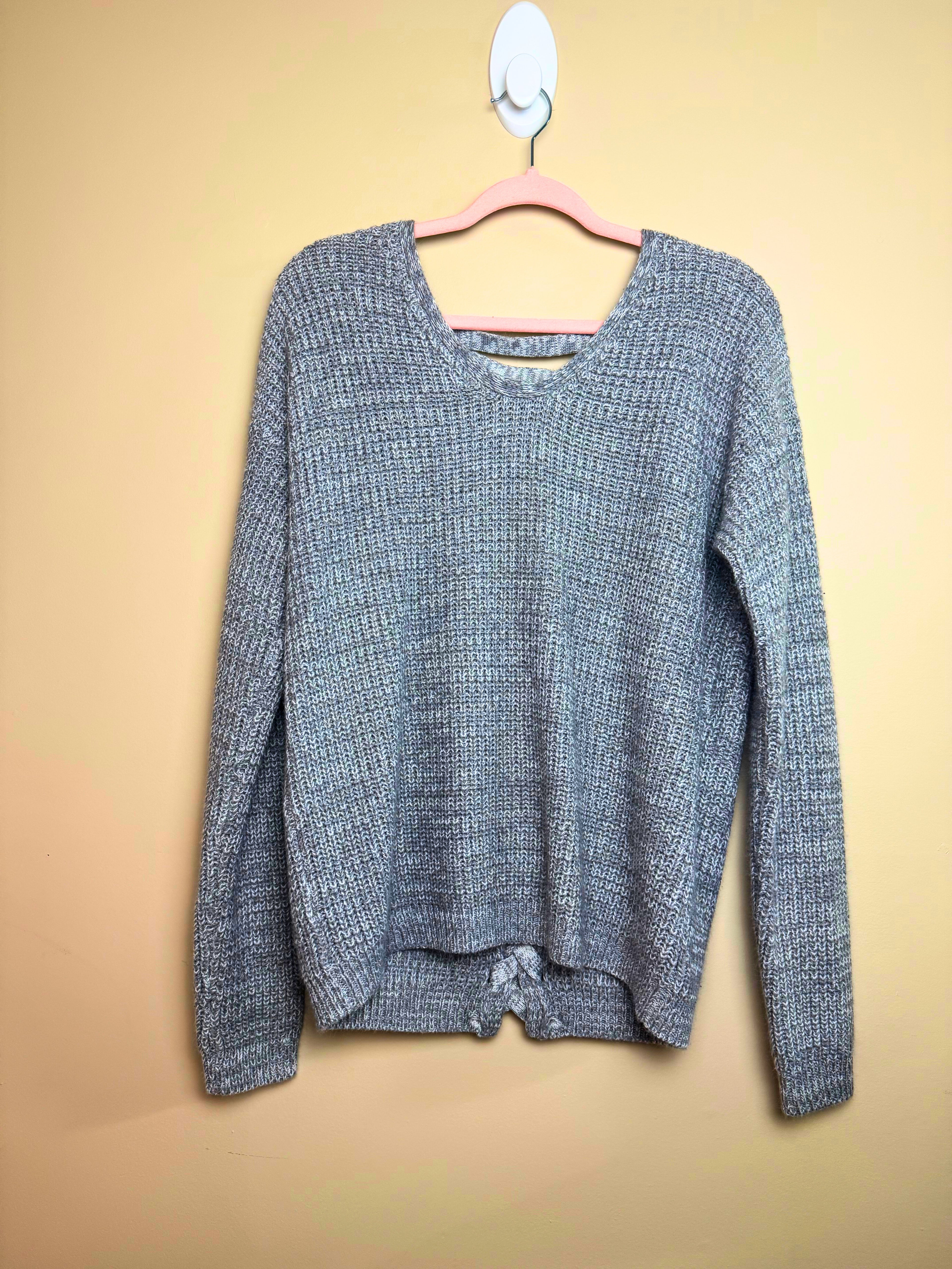 Grey Marled Lace-Up Sweater