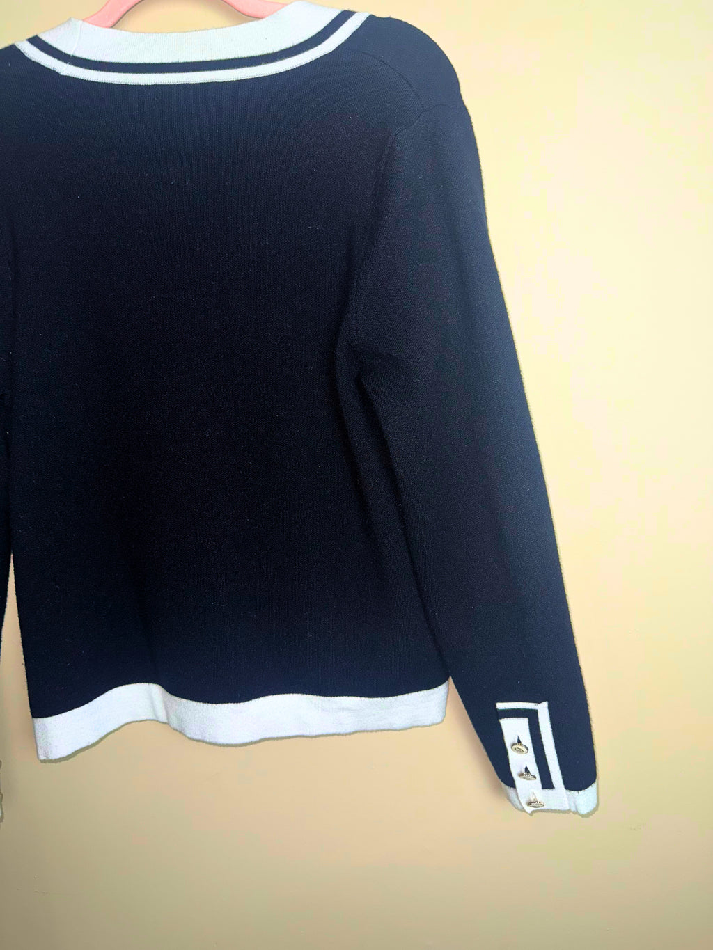 Black Chanel-Style Cardigan with White Trim
