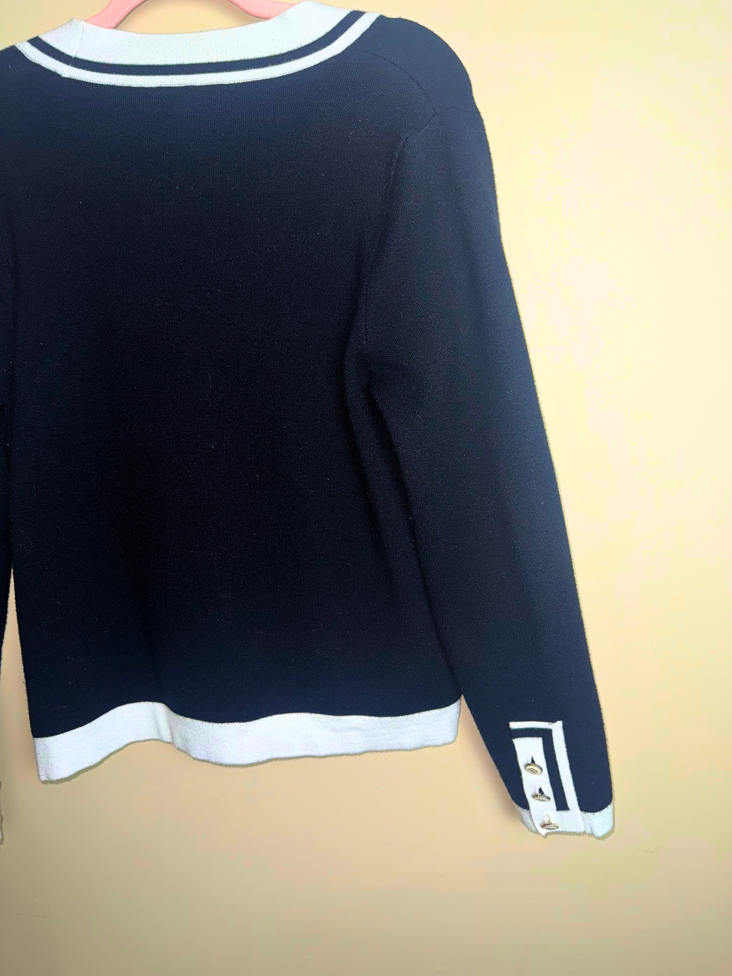 Black Chanel-Style Cardigan with White Trim