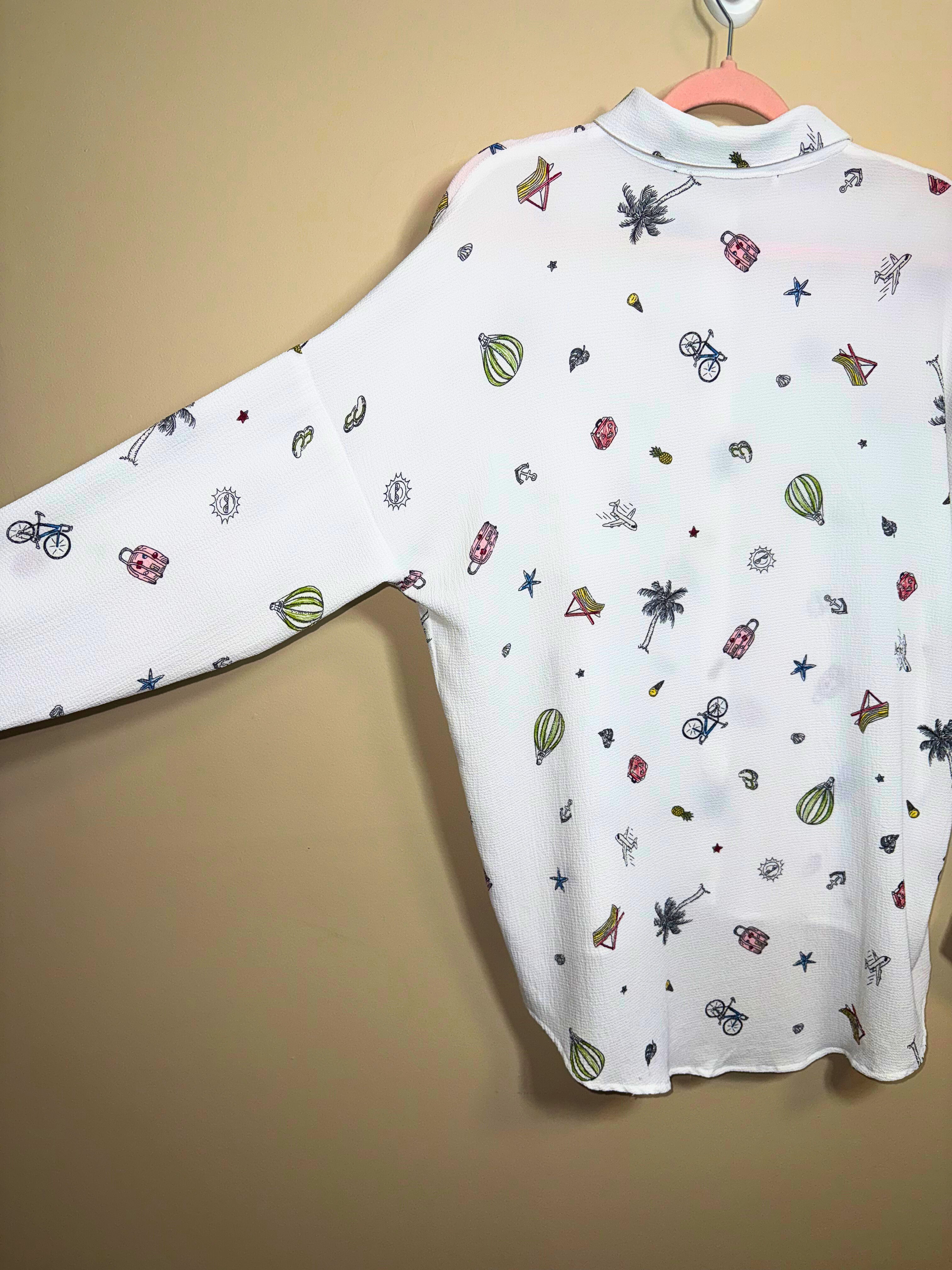 White Novelty Print Button-Up Shirt