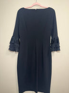 Calvin Klein Navy Sheath Dress with Organza Ruffle Sleeves