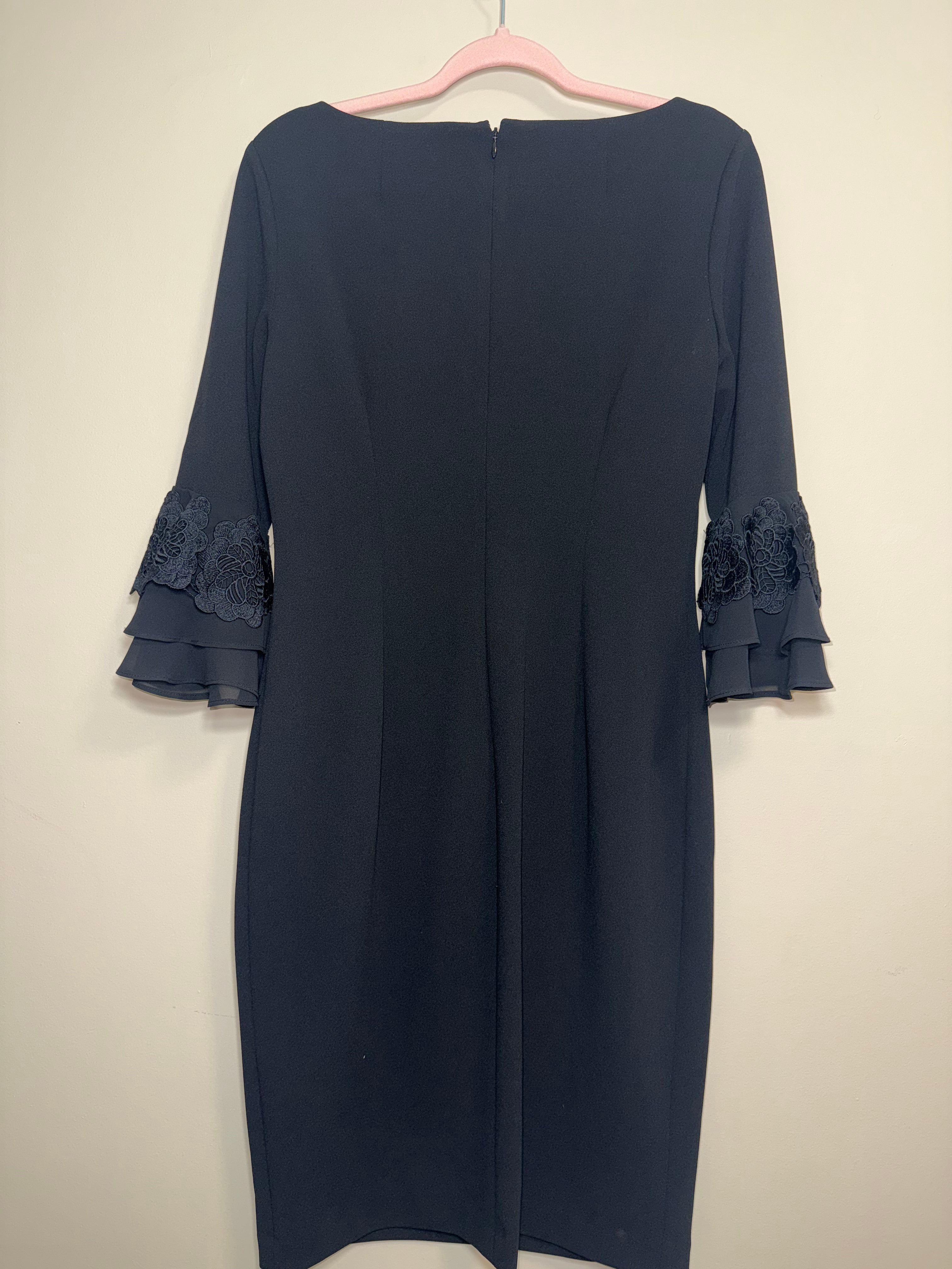 Calvin Klein Navy Sheath Dress with Organza Ruffle Sleeves