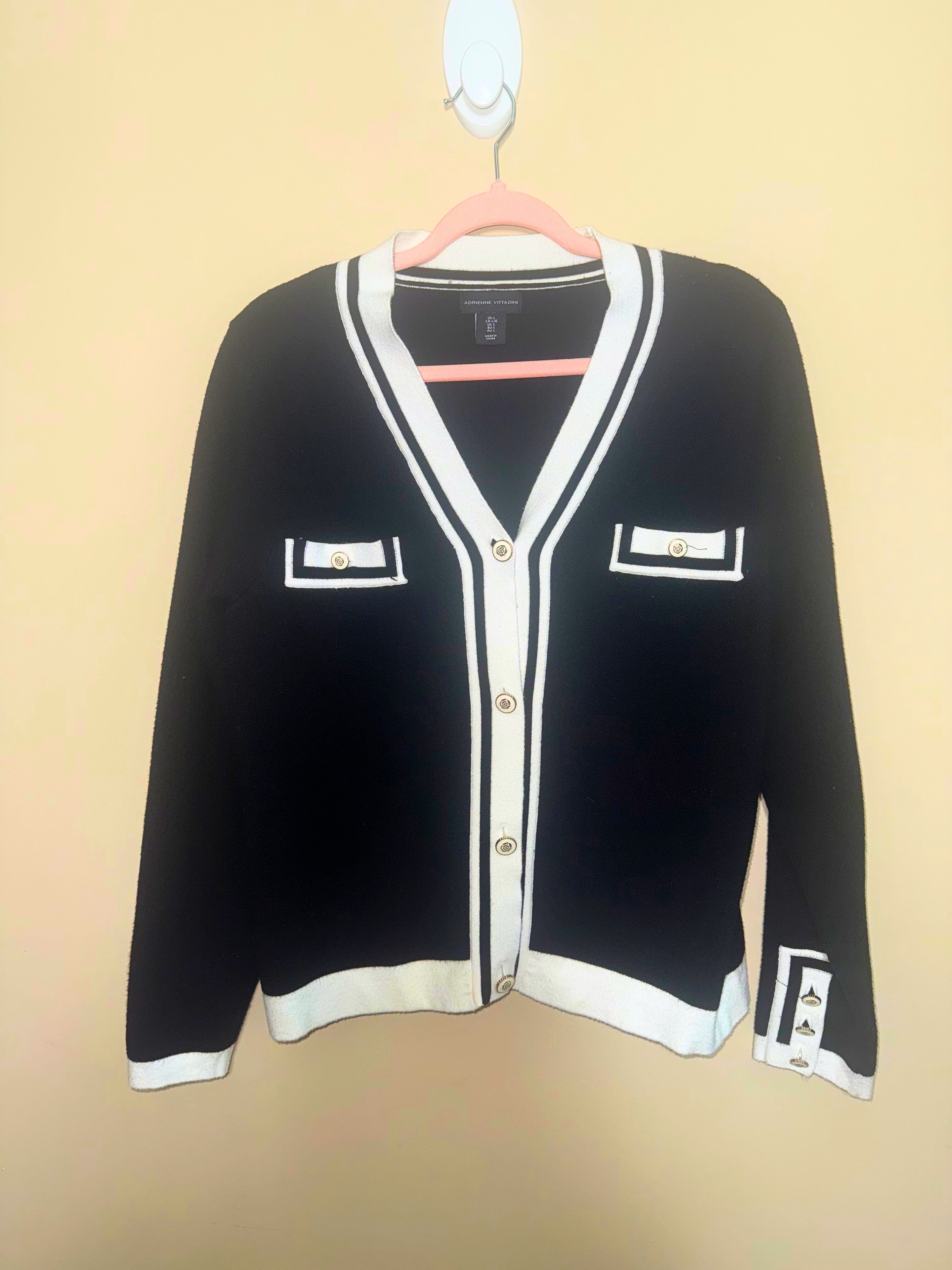 Black Chanel-Style Cardigan with White Trim