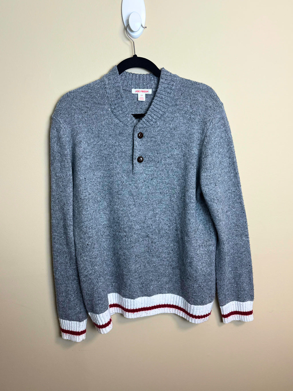 Gray Henley Sweater with Striped Trim
