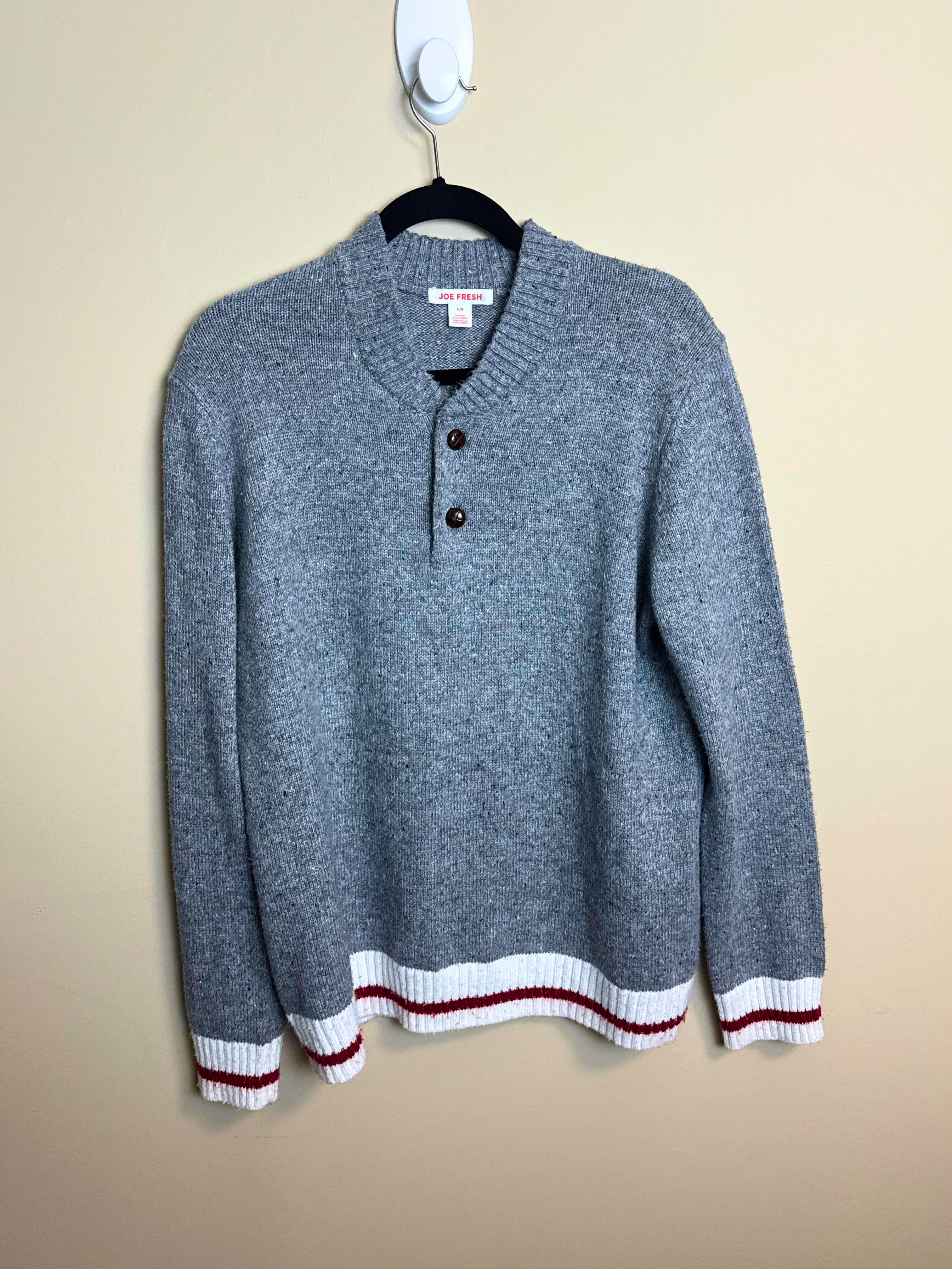 Gray Henley Sweater with Striped Trim