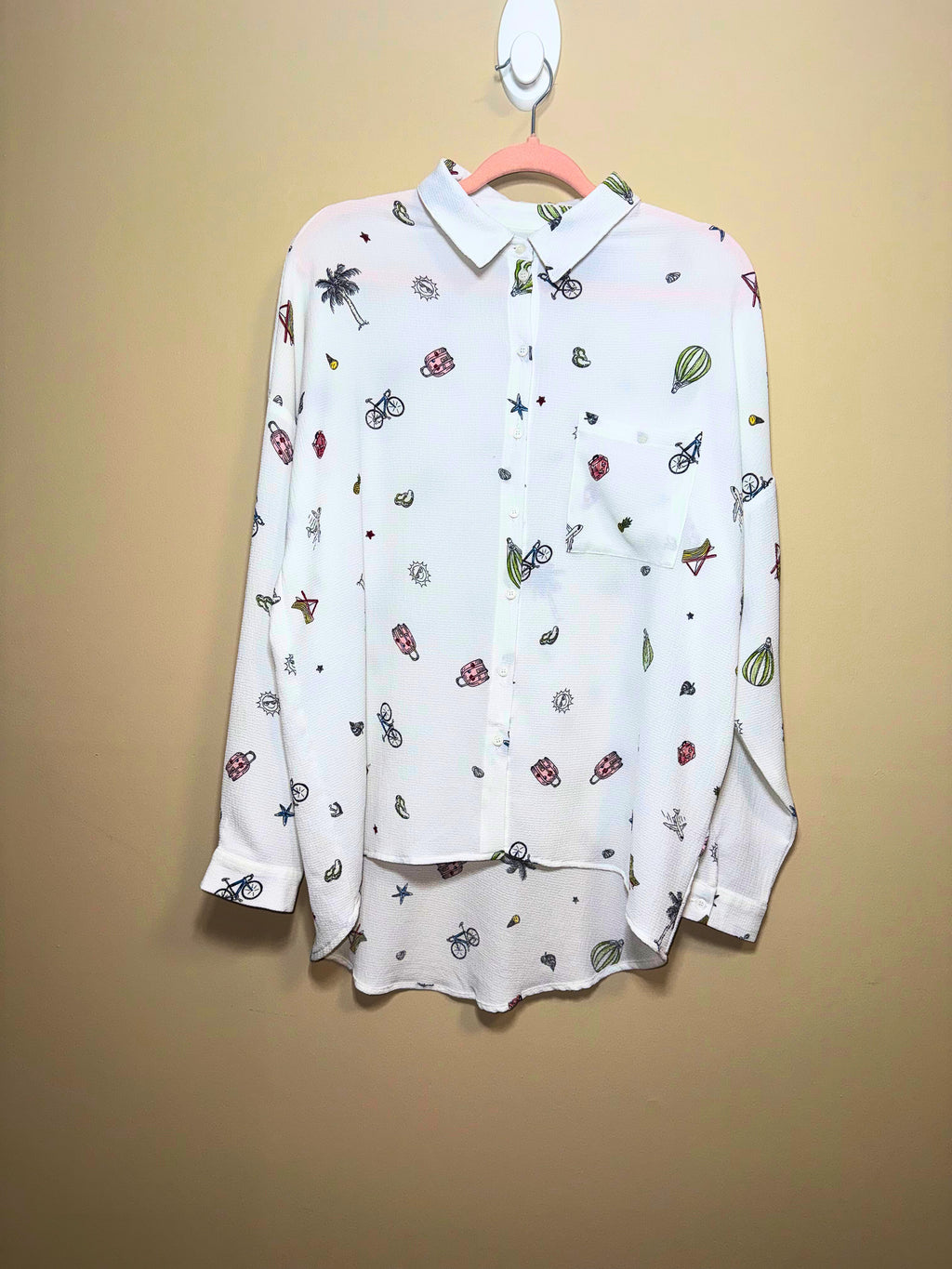 White Novelty Print Button-Up Shirt