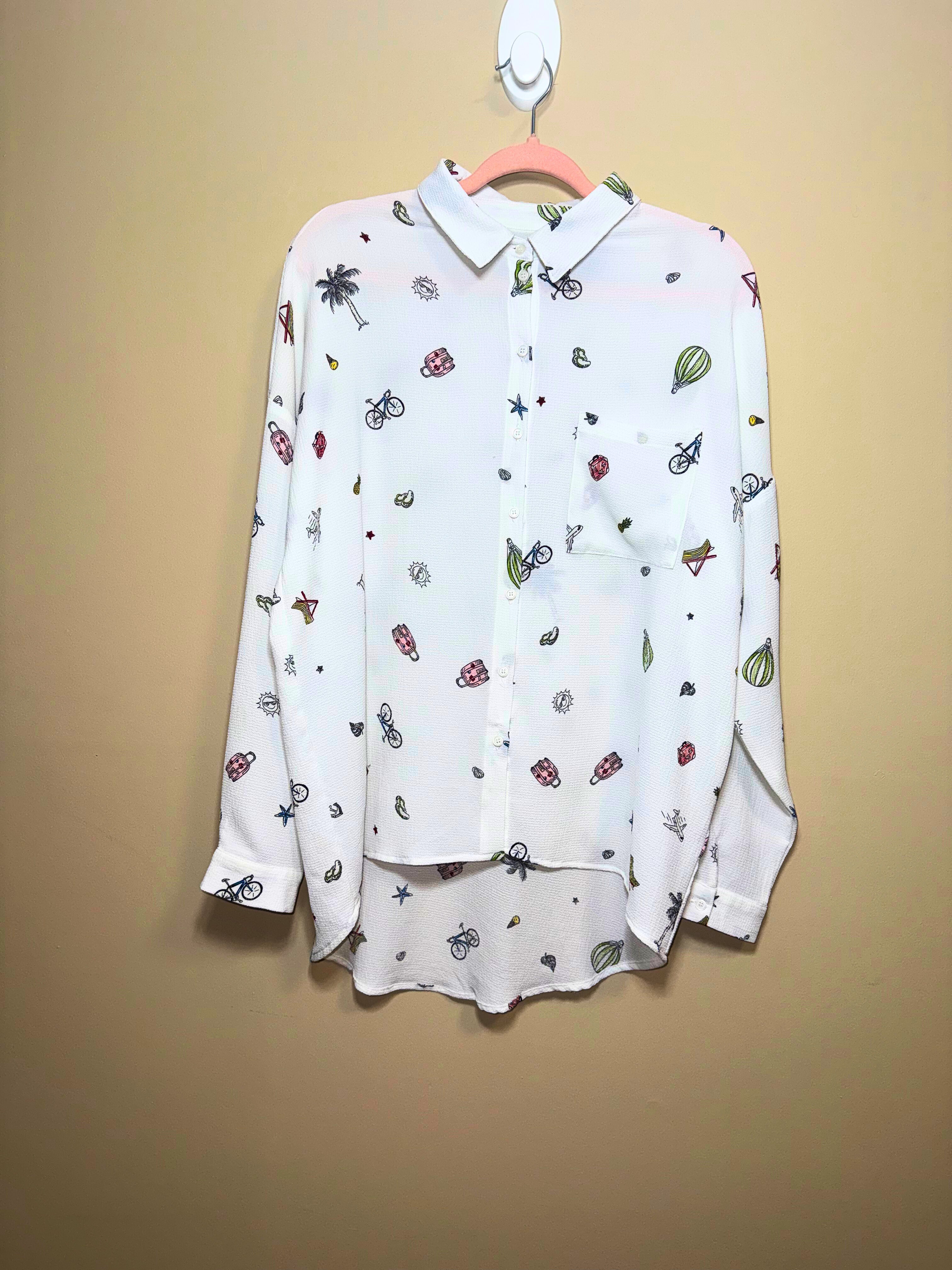 White Novelty Print Button-Up Shirt