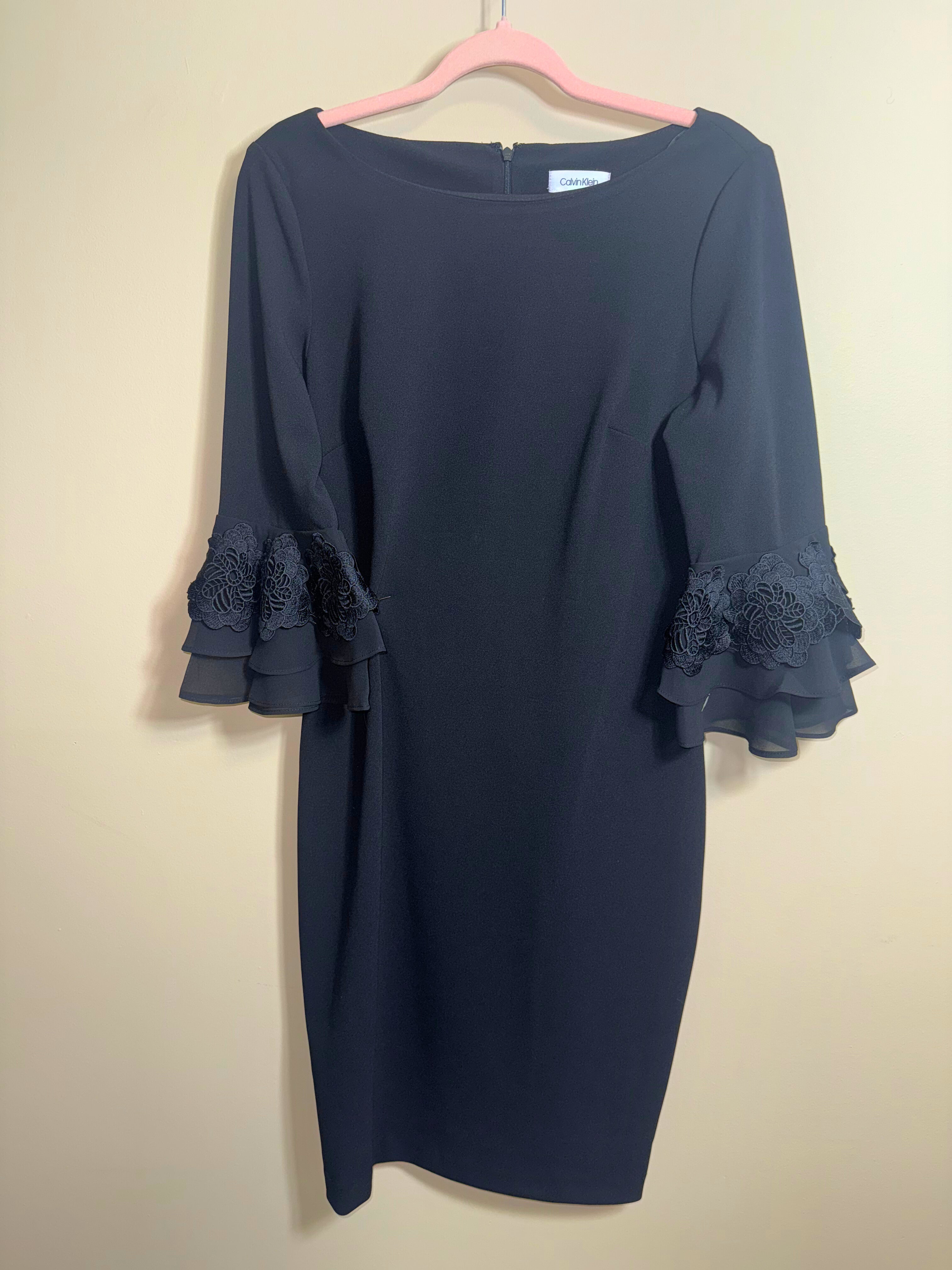 Calvin Klein Navy Sheath Dress with Organza Ruffle Sleeves