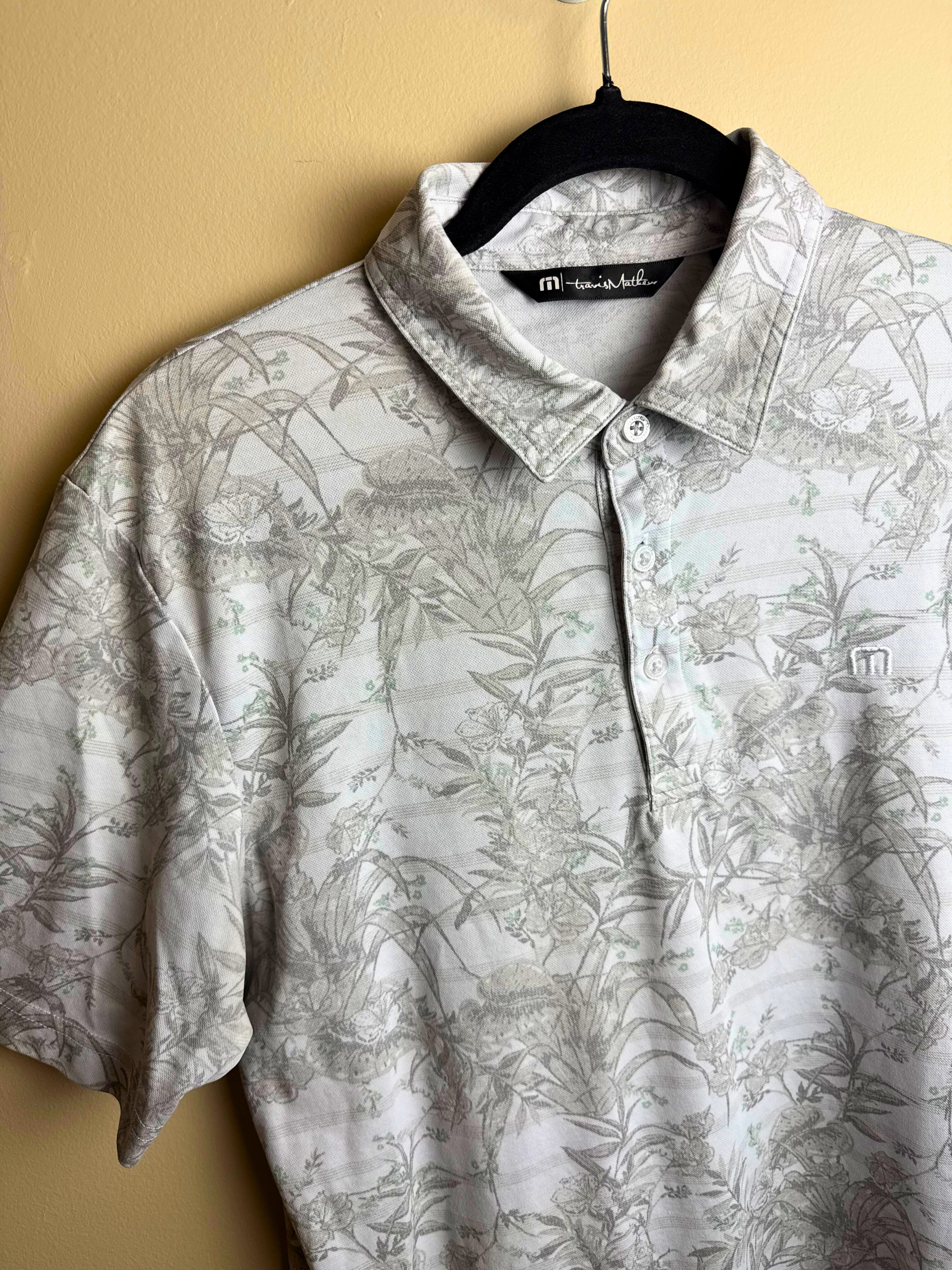 Light Grey Botanical Print Polo Shirt