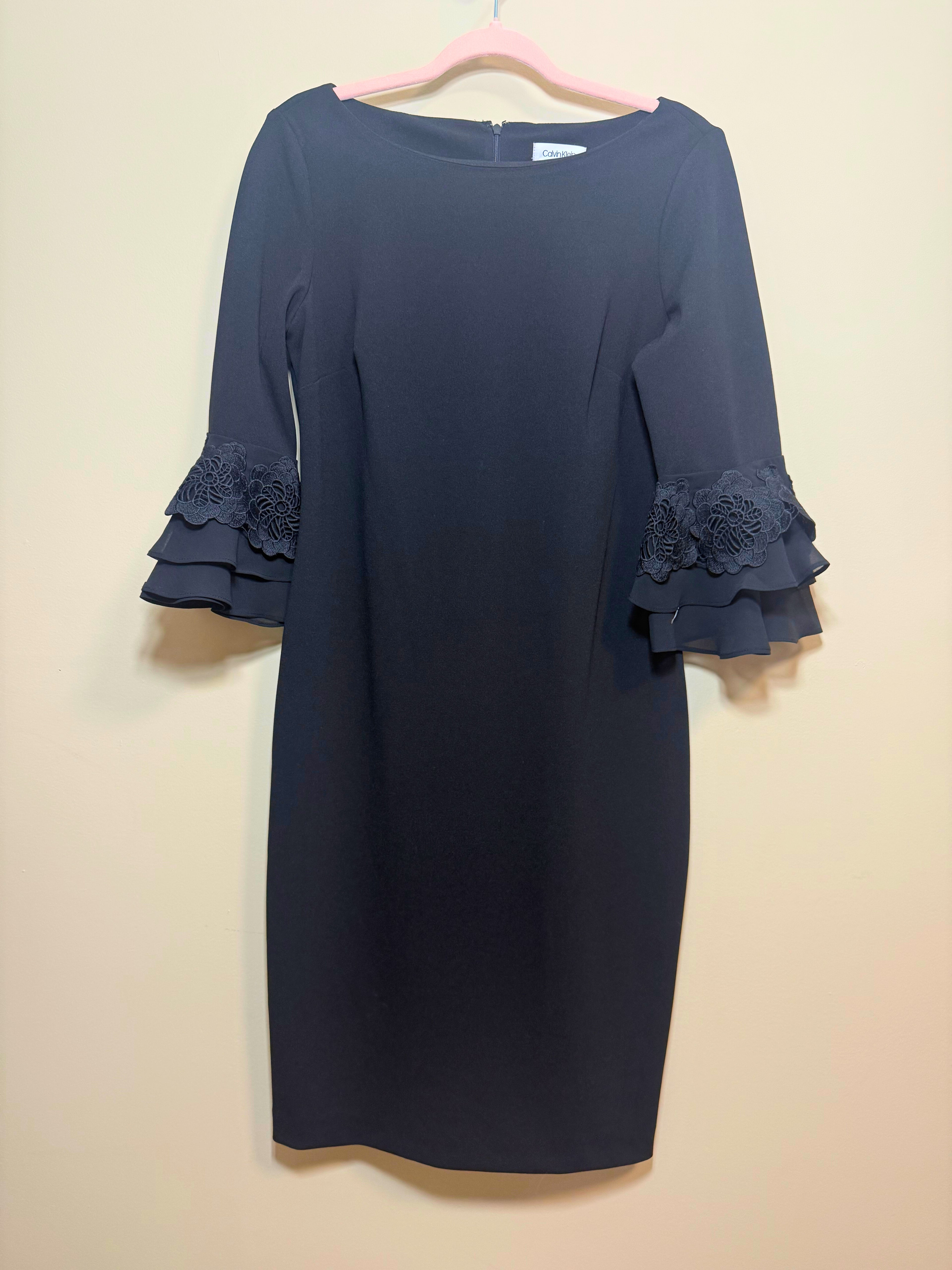 Calvin Klein Navy Sheath Dress with Organza Ruffle Sleeves