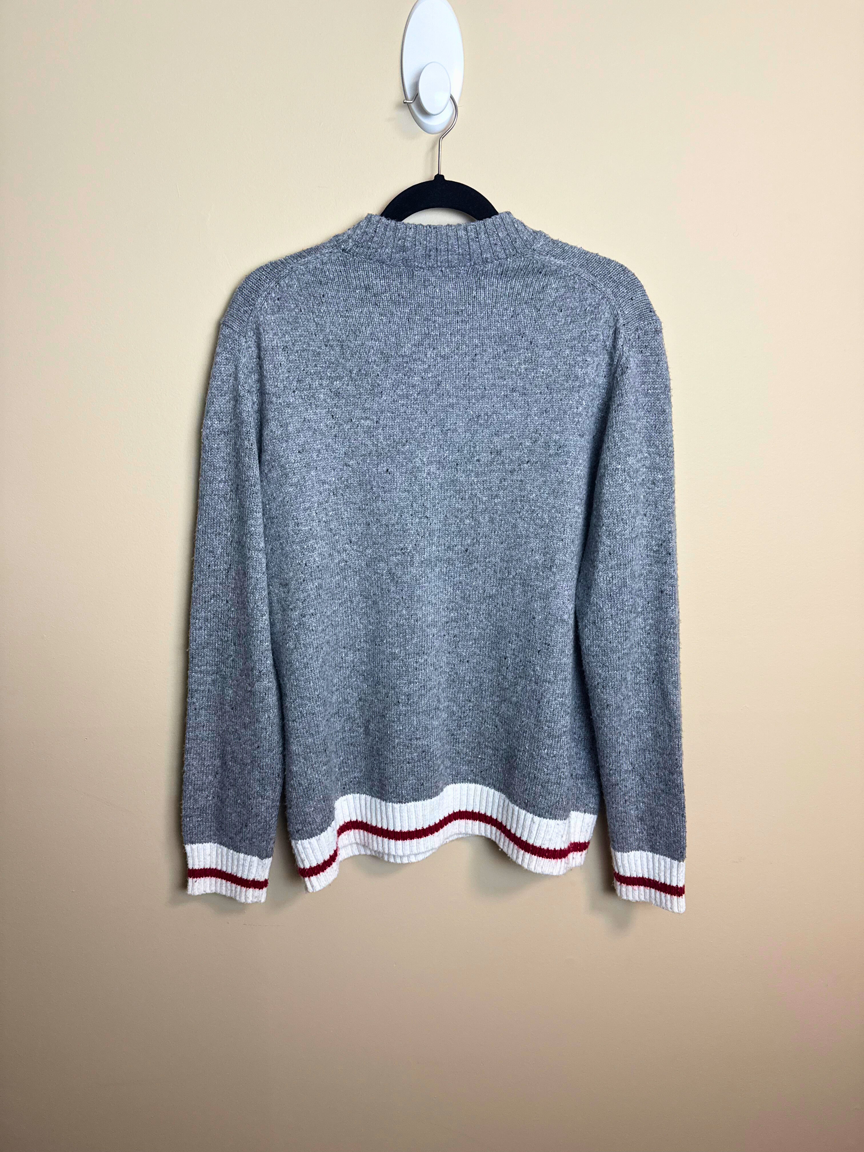 Gray Henley Sweater with Striped Trim