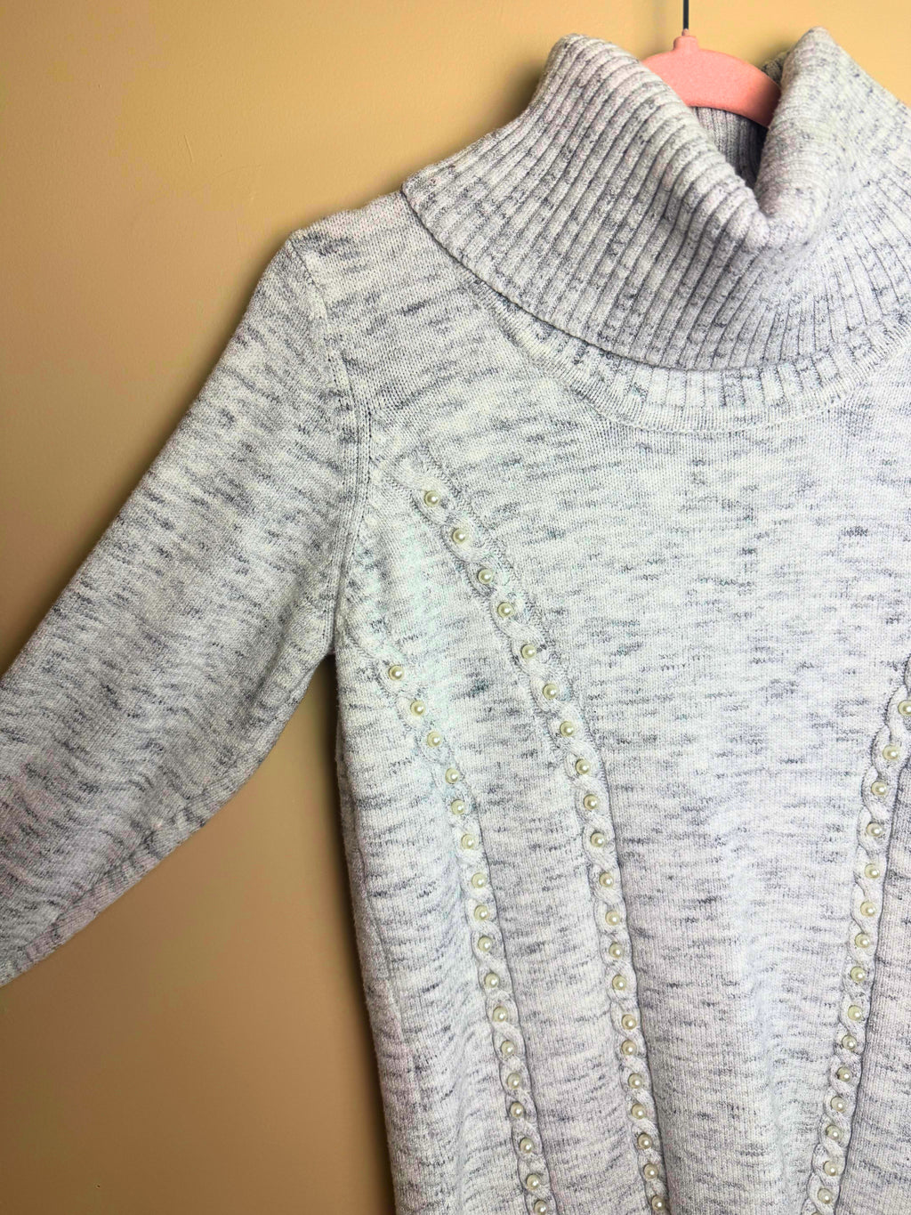 Grey Turtleneck Sweater with Pearl Details