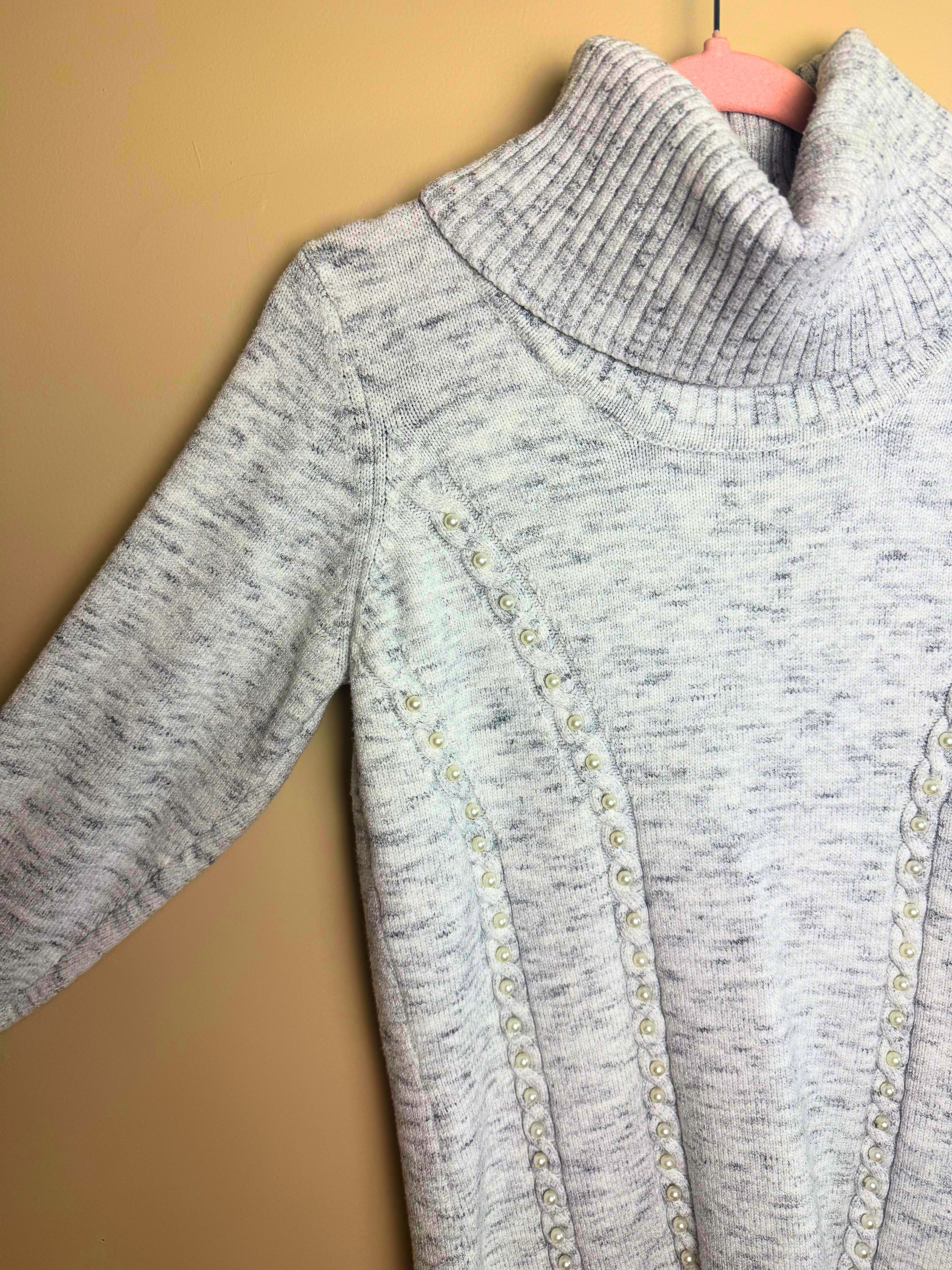 Grey Turtleneck Sweater with Pearl Details