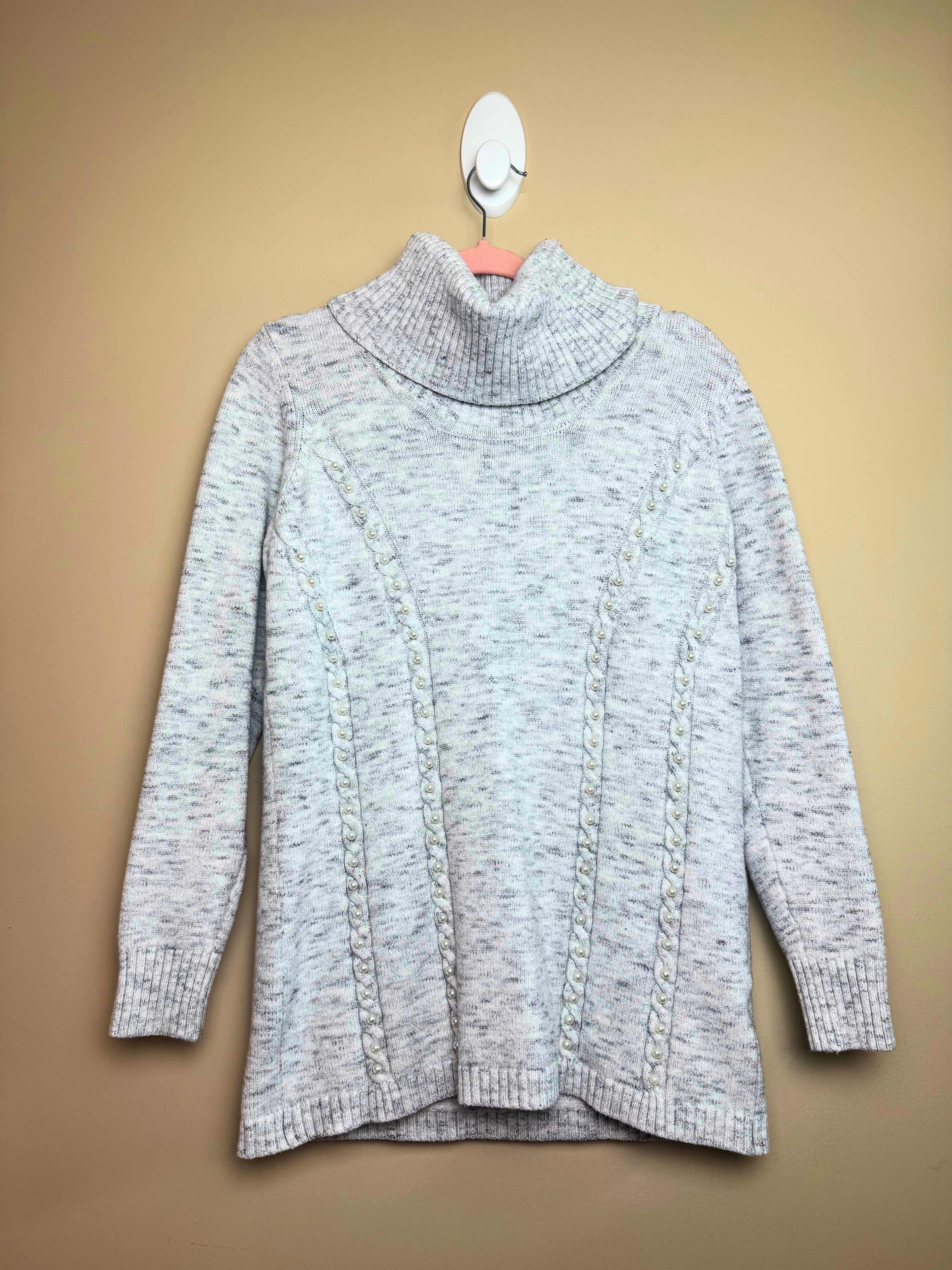 Grey Turtleneck Sweater with Pearl Details