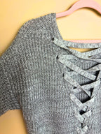 Grey Marled Lace-Up Sweater