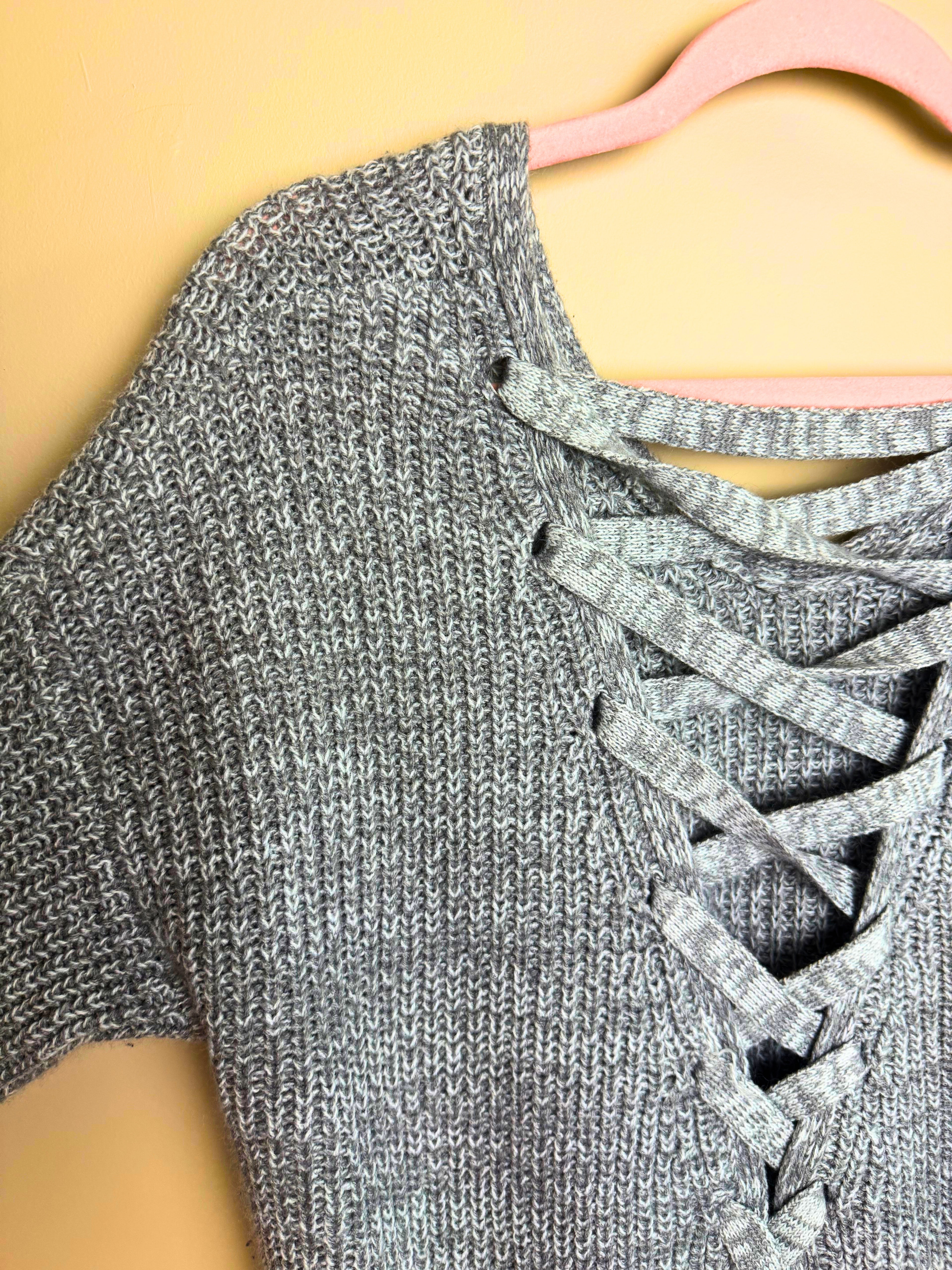 Grey Marled Lace-Up Sweater