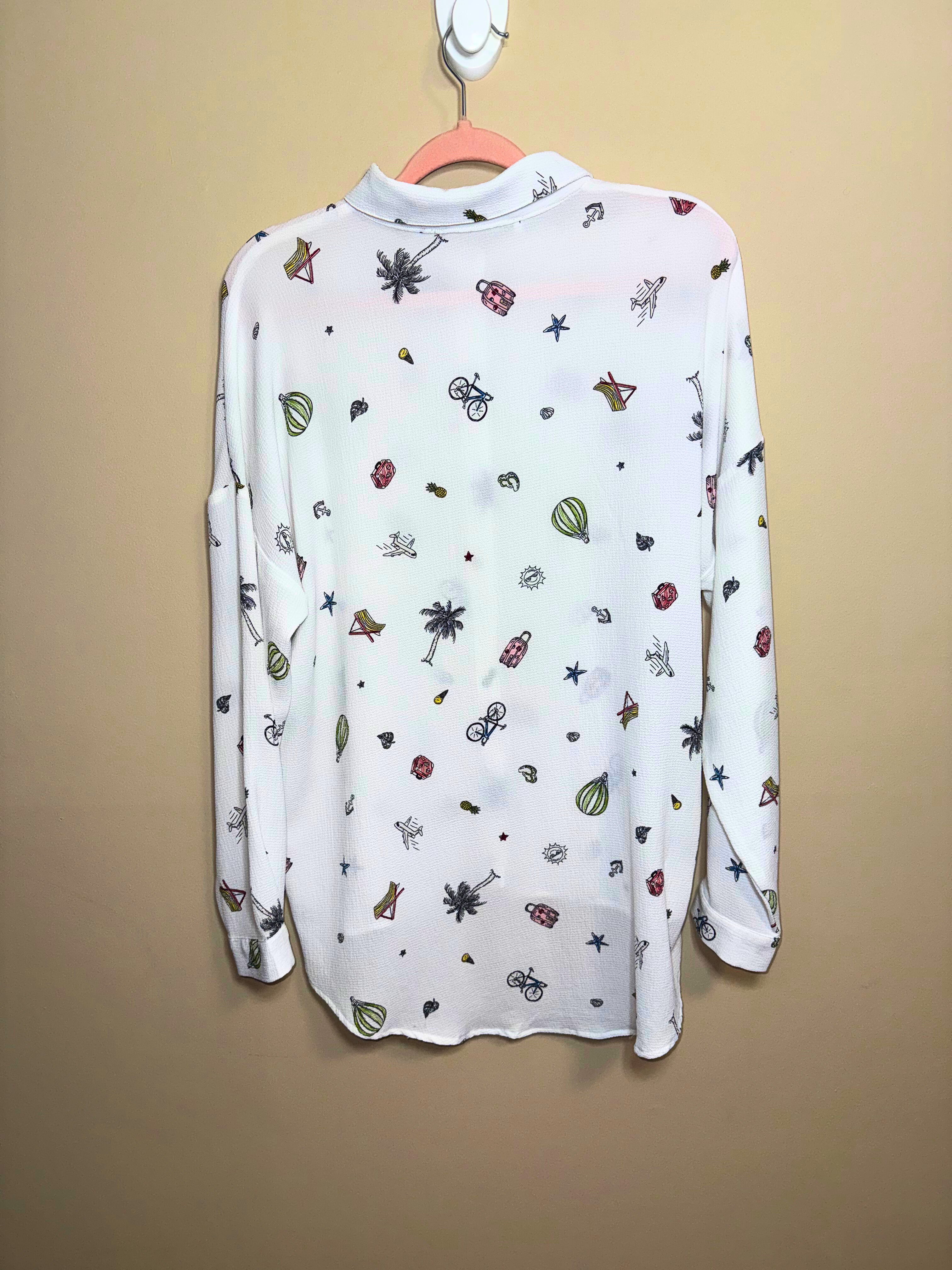 White Novelty Print Button-Up Shirt